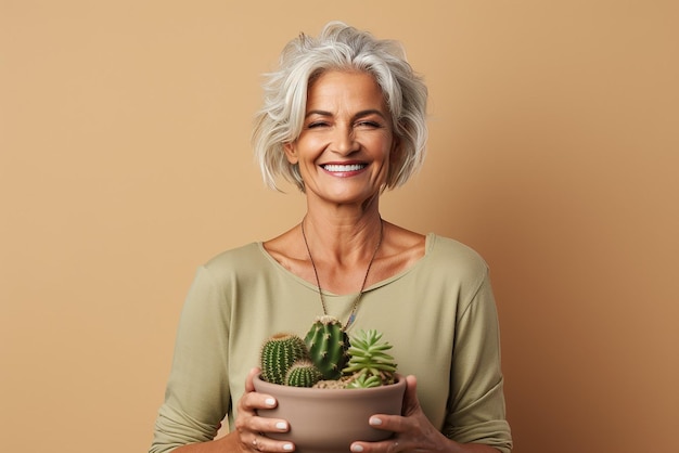 ritratto di una bella donna anziana di 50 anni con capelli grigi bianchi un ampio sorriso