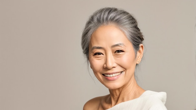 Ritratto di una bella donna asiatica anziana su uno sfondo chiaro