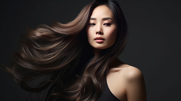 Ritratto di una bella donna asiatica bruna con lunghi capelli ondulati