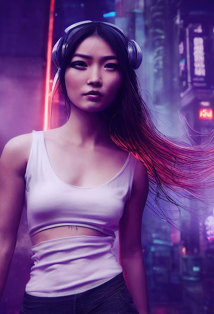 Ritratto di una bella donna asiatica immaginaria ed elegante sullo sfondo della città del futuro