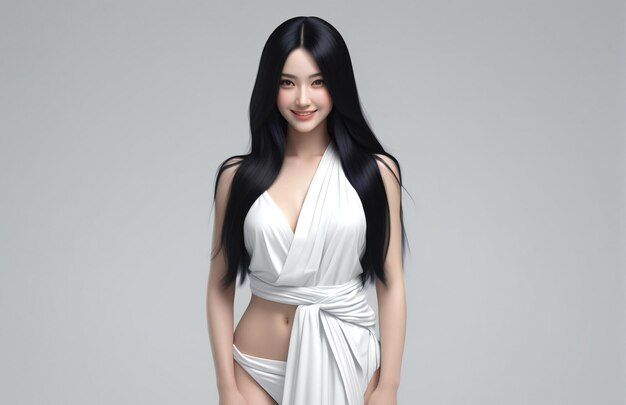 Ritratto di una bella donna asiatica in abito bianco che posa in studio