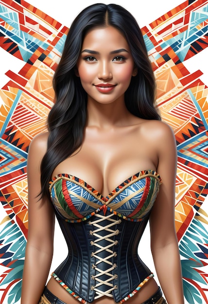 Ritratto di una bella donna asiatica in corsetto su uno sfondo geometrico colorato