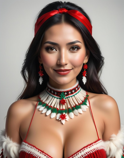 Ritratto di una bella donna asiatica in costume di Babbo Natale