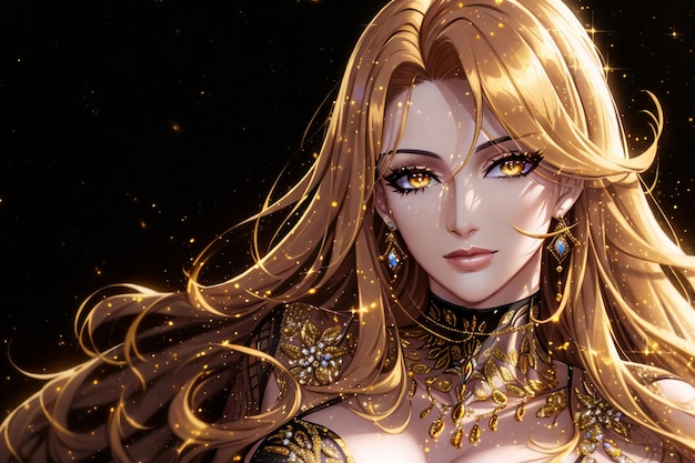 ritratto di una bella donna bionda in oro con un gioiello d'oro su uno sfondo nero