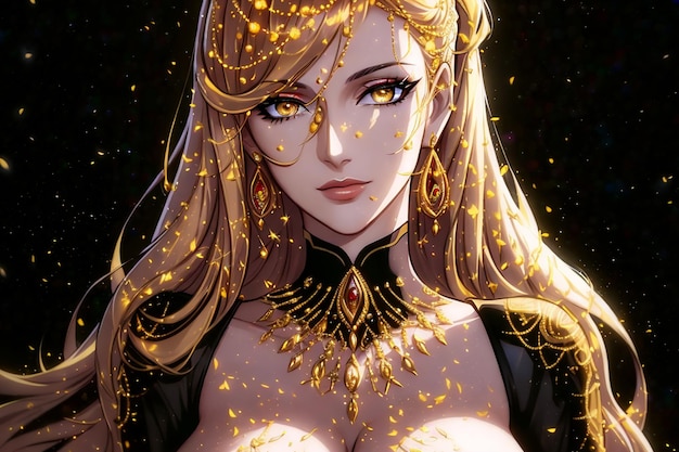 ritratto di una bella donna bionda in oro con un gioiello d'oro su uno sfondo nero