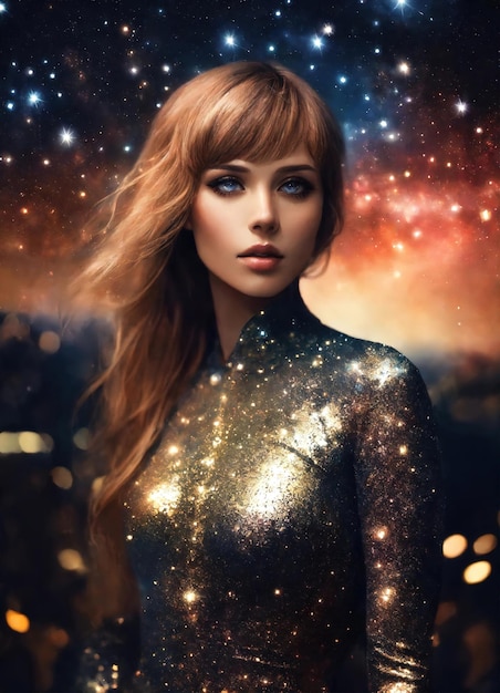 Ritratto di una bella donna bruna in un vestito da sera lucido contro il cielo notturno ai generativo