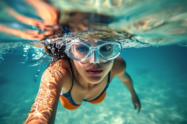 Ritratto di una bella donna che esce da una piscina Frutta fresca e succosa ar 32 c 25