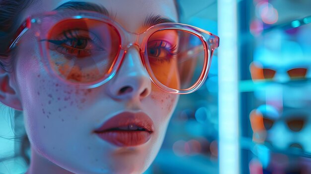 Ritratto di una bella donna che prova gli occhiali da sole in un negozio moderno