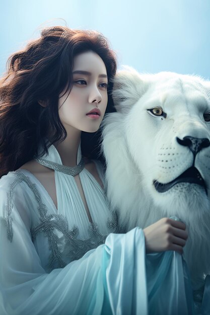 Ritratto di una bella donna cinese in abiti tradizionali Hanfu e leone bianco Attraente