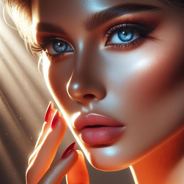 Ritratto di una bella donna con gli occhi blu trucco luminoso luce solare solare