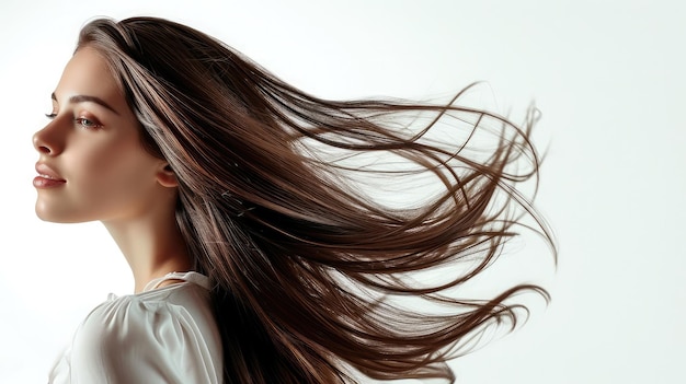 Ritratto di una bella donna con i capelli lunghi Giovane modello bruna con bei capelli isolato su sfondo bianco Giovane ragazza con i capelli al vento