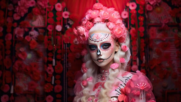 Ritratto di una bella donna con il trucco del teschio di zucchero Dia de los muertos Giorno dei morti Halloween