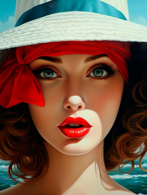 Ritratto di una bella donna con labbra rosse e cappello rendering 3d