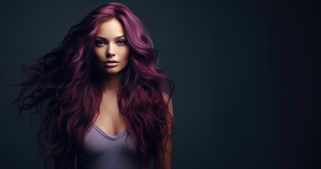 Ritratto di una bella donna con lunghi capelli viola