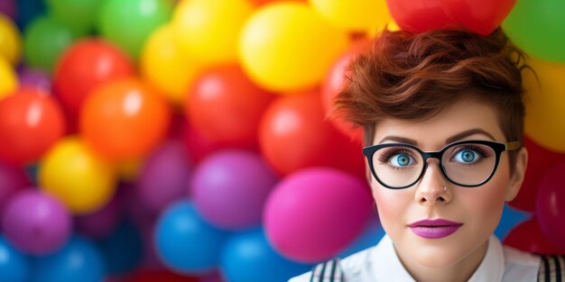 Ritratto di una bella donna con palloncini gonfiabili dell'arcobaleno AI generativa