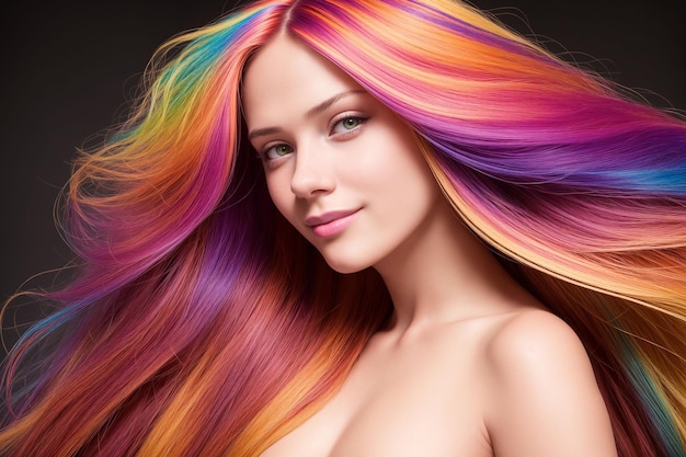 Ritratto di una bella donna con spalle nude e capelli tinti con ciocche multicolori IA generativa