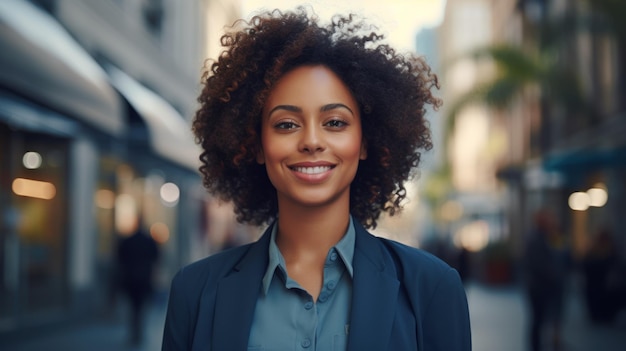 Ritratto di una bella donna d'affari afroamericana che sorride in città