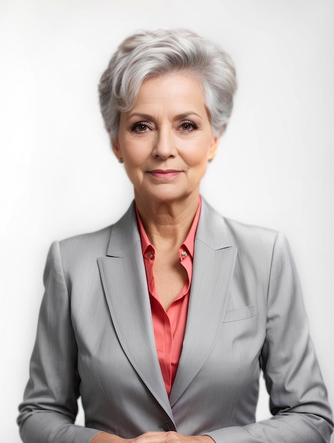 Ritratto di una bella donna d'affari anziana su uno sfondo chiaro Donna professionista dai capelli grigi