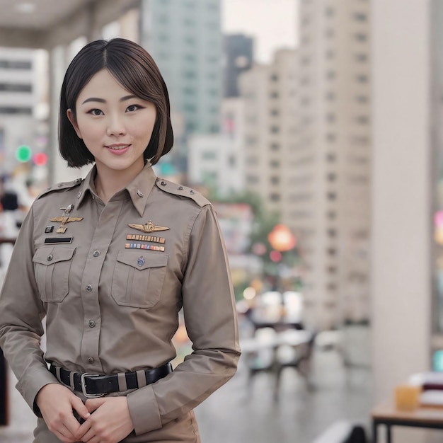 Ritratto di una bella donna della polizia asiatica tailandese che indossa l'uniforme IA generativa