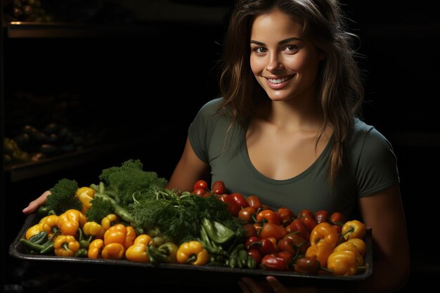 Ritratto di una bella donna gioiosa circondata da verdure fresche e succose