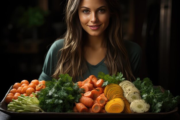 Ritratto di una bella donna gioiosa circondata da verdure fresche e succose