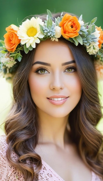 Ritratto di una bella donna in abiti da estate con una ghirlanda di fiori sulla testa