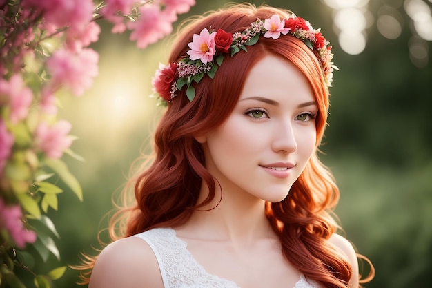 Ritratto di una bella donna in abiti estivi con una corona di fiori in testa sullo sfondo della natura IA generativa