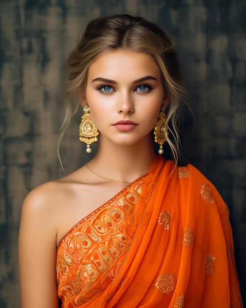 Ritratto di una bella donna in arancione e oro Tradizionale Saree indiano