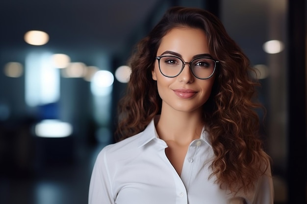 Ritratto di una bella donna latina che indossa una camicia aziendale intelligente e occhiali che guarda l'obbiettivo e sorride Imprenditrice Responsabile della tecnologia dell'informazione Specialista in ingegneria robotica IA generativa