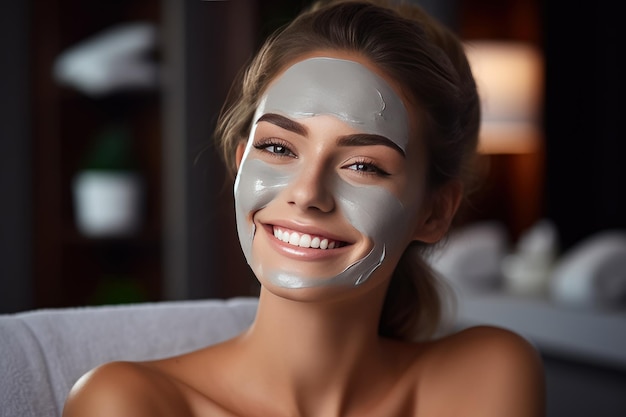 Ritratto di una bella donna sorridente in spa con maschera per peeling del viso Trattamento spa e cura della pelle con rilassamento dell'essenza