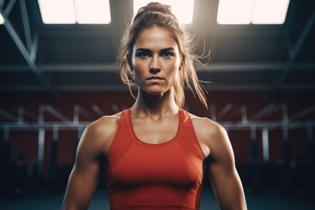 Ritratto di una bella donna sportiva in abbigliamento sportivo rosso che posa in palestra Un'atleta donna sicura pronta a correre Generata dall'IA