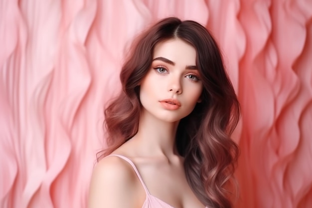 Ritratto di una bella donna su uno sfondo rosa