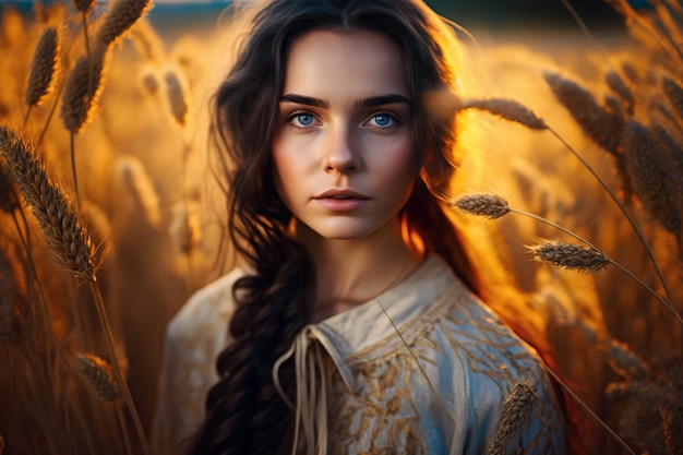 Ritratto di una bella donna ucraina in abito etnico nel campo di grano dorato