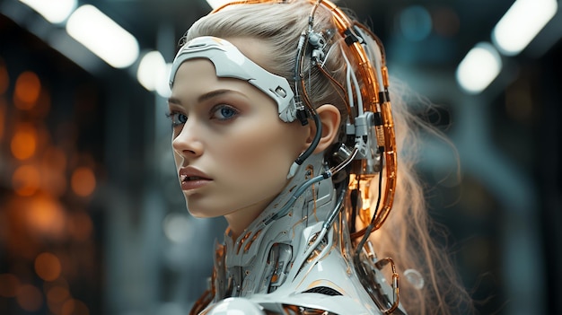 Ritratto di una bella donna vestita da robot concetto di sicurezza informatica di protezione dei dati del futuro