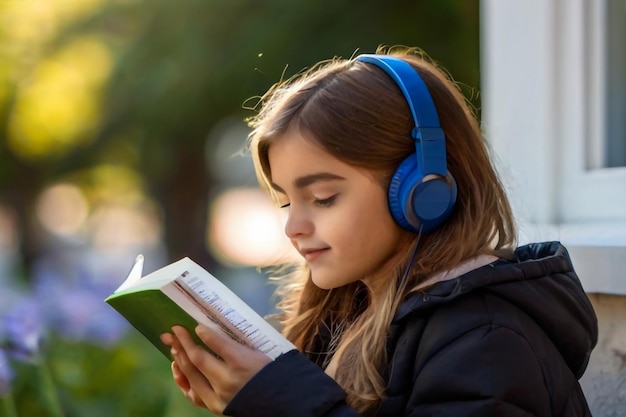 Ritratto di una bella e allegra studentessa che ascolta musica con le cuffie seduta all'aperto sul verde