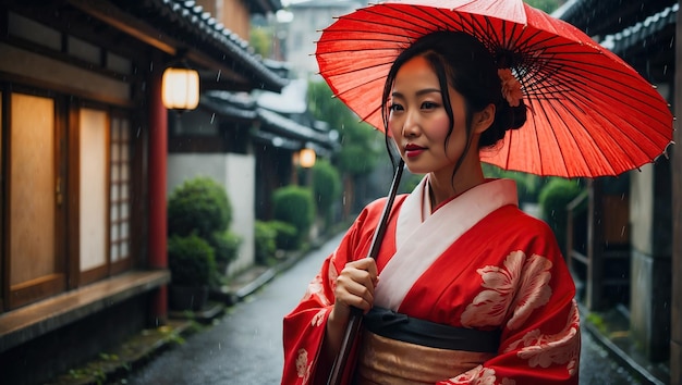 Ritratto di una bella e attraente donna asiatica in kimono tradizionale giapponese