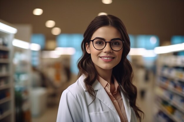 Ritratto di una bella farmacista professionista caucasica che indossa occhiali guarda una farmacia con scatole di prodotti per la cura della salute