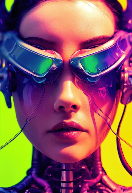 Ritratto di una bella fashionista cyberpunk immaginaria che indossa bellissimi occhiali cyberpunk