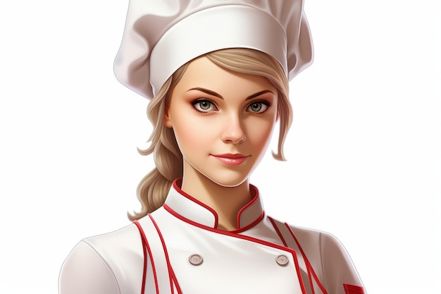 Ritratto di una bella giovane chef con i capelli biondi e gli occhi verdi che indossa un cappello bianco da chef e un cappotto da chef rosso e bianco