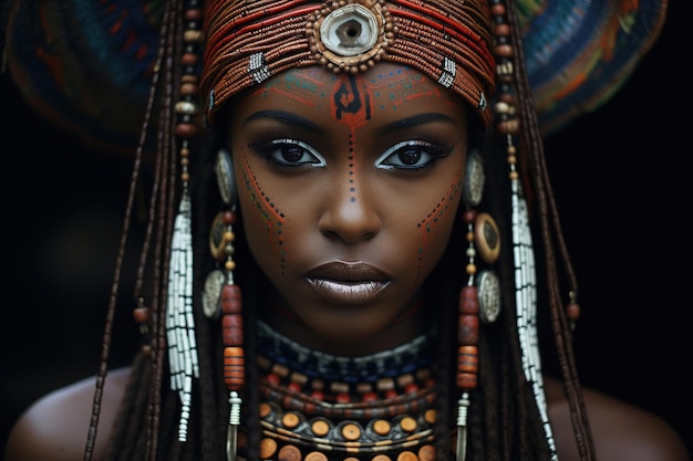 Ritratto di una bella giovane donna afroamericana in abito tradizionale e gioielli che guarda la telecamera