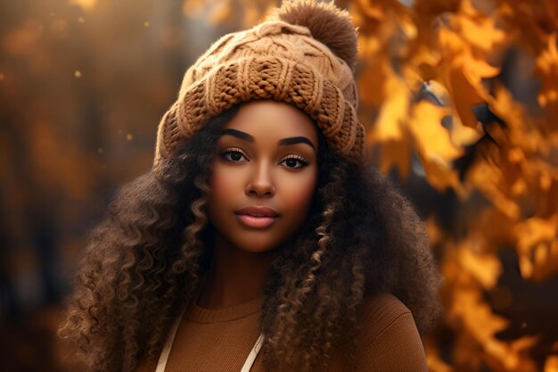 ritratto di una bella giovane donna afroamericana in un parco su uno sfondo autunnale sfocato