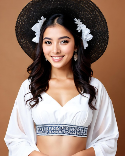 Ritratto di una bella giovane donna asiatica che indossa cappello e vestito