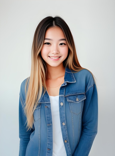 Ritratto di una bella giovane donna asiatica che sorride sullo sfondo bianco