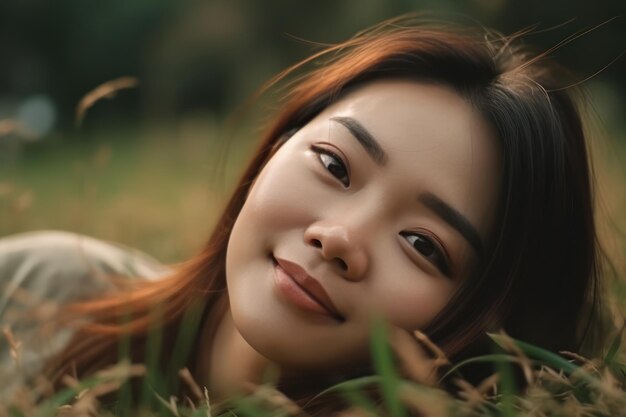 Ritratto di una bella giovane donna asiatica sdraiata sull'erba