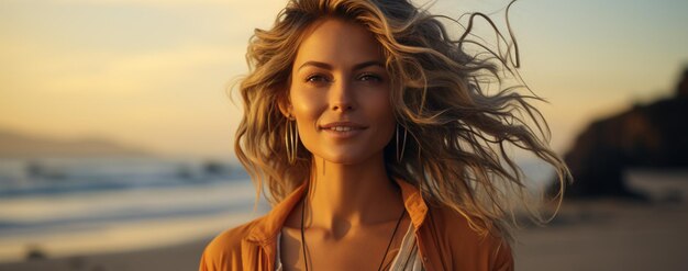ritratto di una bella giovane donna bionda al tramonto sulla spiaggia
