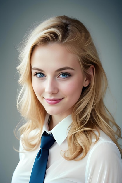 Ritratto di una bella giovane donna bionda con gli occhi azzurri e la cravatta blu