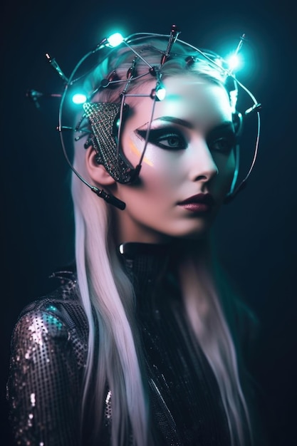 Ritratto di una bella giovane donna che indossa abiti futuristici creati con l'AI generativa