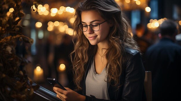 Ritratto di una bella giovane donna che usa il telefono cellulare mentre è seduta in un caffè.