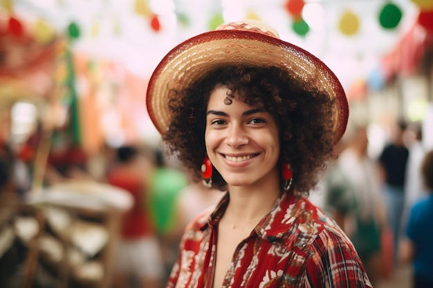 Ritratto di una bella giovane donna con acconciatura afro che indossa un cappello di paglia con sfondo sfocato in città