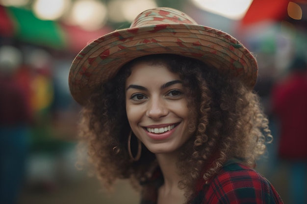 Ritratto di una bella giovane donna con acconciatura afro che indossa un cappello di paglia con sfondo sfocato in città